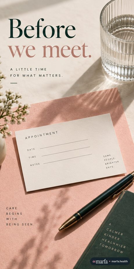 Story frame of an appointment card and pen on pink paper, “Before we meet.”