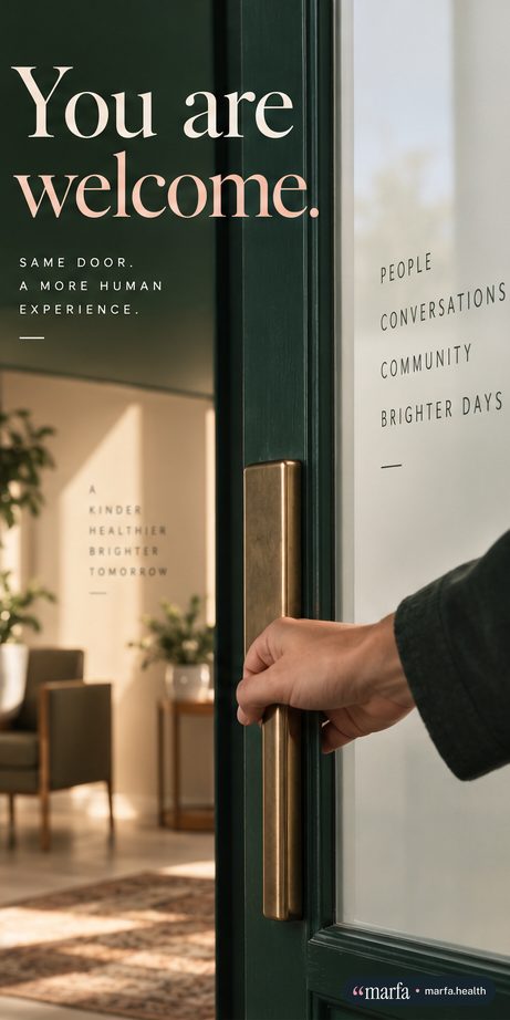 Story frame of a hand opening a green clinic door, “You are welcome.”