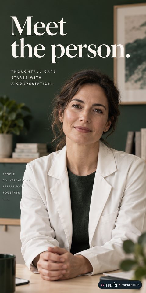 Story frame of a smiling clinician at her desk, “Meet the person.”