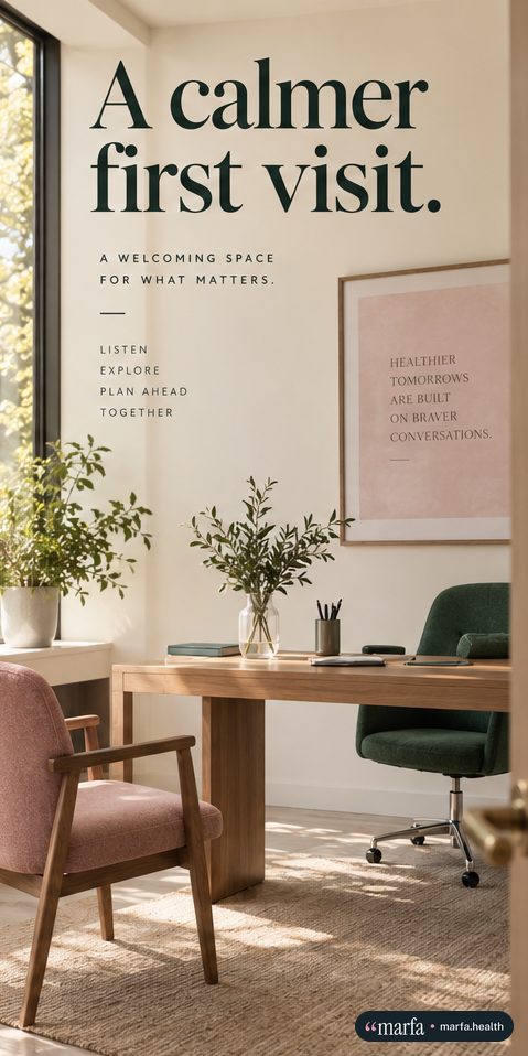 Story frame of a bright consultation room with a pink chair, “A calmer first visit.”